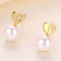 Sterling Silver Natural Pearl Stud Earring, 925 Sterling Silver, with Freshwater Pearl, Heart, plated, with plastic earnut & for woman & with rhinestone 