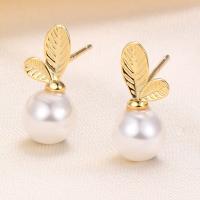 Sterling Silver Pearl Drop Earring, 925 Sterling Silver, with Shell Pearl, Leaf, gold color plated, with plastic earnut & for woman 