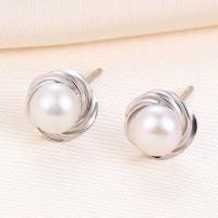 Sterling Silver Natural Pearl Stud Earring, 925 Sterling Silver, with Freshwater Pearl, Helix, plated, with plastic earnut & for woman 7mm 