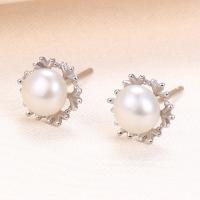 Sterling Silver Natural Pearl Stud Earring, 925 Sterling Silver, with Freshwater Pearl, Snowflake, plated, with plastic earnut & for woman 7mm 