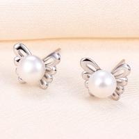Sterling Silver Natural Pearl Stud Earring, 925 Sterling Silver, with Freshwater Pearl, Butterfly, plated, with plastic earnut & for woman & hollow 