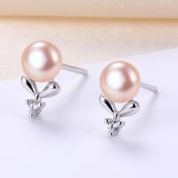 Sterling Silver Natural Pearl Stud Earring, 925 Sterling Silver, with Freshwater Pearl, plated, with plastic earnut & for woman & with rhinestone 