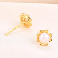 Sterling Silver Natural Pearl Stud Earring, 925 Sterling Silver, with Freshwater Pearl, Flower, plated, with plastic earnut & for woman 7mm 