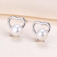Sterling Silver Natural Pearl Stud Earring, 925 Sterling Silver, with Freshwater Pearl, Heart, plated, with plastic earnut & for woman & hollow 
