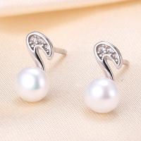 Sterling Silver Natural Pearl Stud Earring, 925 Sterling Silver, with Freshwater Pearl, Music Note, plated, with plastic earnut & for woman & with rhinestone 