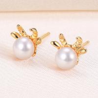 Sterling Silver Natural Pearl Stud Earring, 925 Sterling Silver, with Freshwater Pearl, Horn, plated, with plastic earnut & for woman 