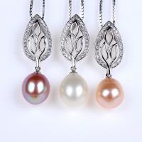 Cultured Pearl Sterling Silver Pendants, 925 Sterling Silver, with Freshwater Pearl, Leaf, with rhinestone & hollow 9mm 
