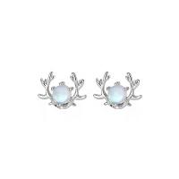 Sterling Silver Stud Earring, 925 Sterling Silver, with Moonstone, Deer, plated, polished & micro pave cubic zirconia & for woman 