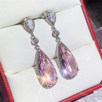 Cubic Zircon (CZ) Drop Earring, Brass, platinum color plated, micro pave cubic zirconia & for woman, pink 