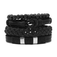 PU Leather Bracelet Set, with Cowhide & Wax Cord & Wood & Zinc Alloy, 4 pieces & fashion jewelry & Unisex, black Approx 17-18 cm 