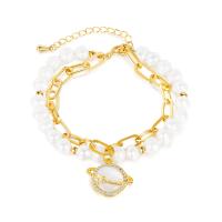 Cultured Freshwater Pearl Brass Bracelet, with Freshwater Pearl, with 2.36inch extender chain, Double Layer & fashion jewelry & micro pave cubic zirconia & for woman, golden Approx 6.69 Inch 
