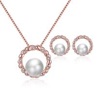 Rhinestone Zinc Alloy Jewelry Set, Stud Earring & necklace, with Plastic Pearl, rose gold color plated, 2 pieces & for woman & with rhinestone, rose gold color, 15*15mm,18mm Approx 15.75 Inch 