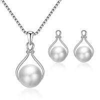 Rhinestone Zinc Alloy Jewelry Set, Stud Earring & necklace, with Plastic Pearl, silver color plated, 2 pieces & for woman & with rhinestone, silver color, 13*20mm,16*30mm Approx 15.75 Inch 