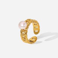 Stainless Steel Finger Ring, 304 Stainless Steel, with Plastic Pearl, Donut, Vacuum Ion Plating, fashion jewelry & for woman, golden 
