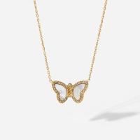 Titanium Steel Jewelry Necklace, with White Shell, with 5cm extender chain, Butterfly, Vacuum Ion Plating, Adjustable & fashion jewelry & micro pave cubic zirconia & for woman, gold, 11mm cm 
