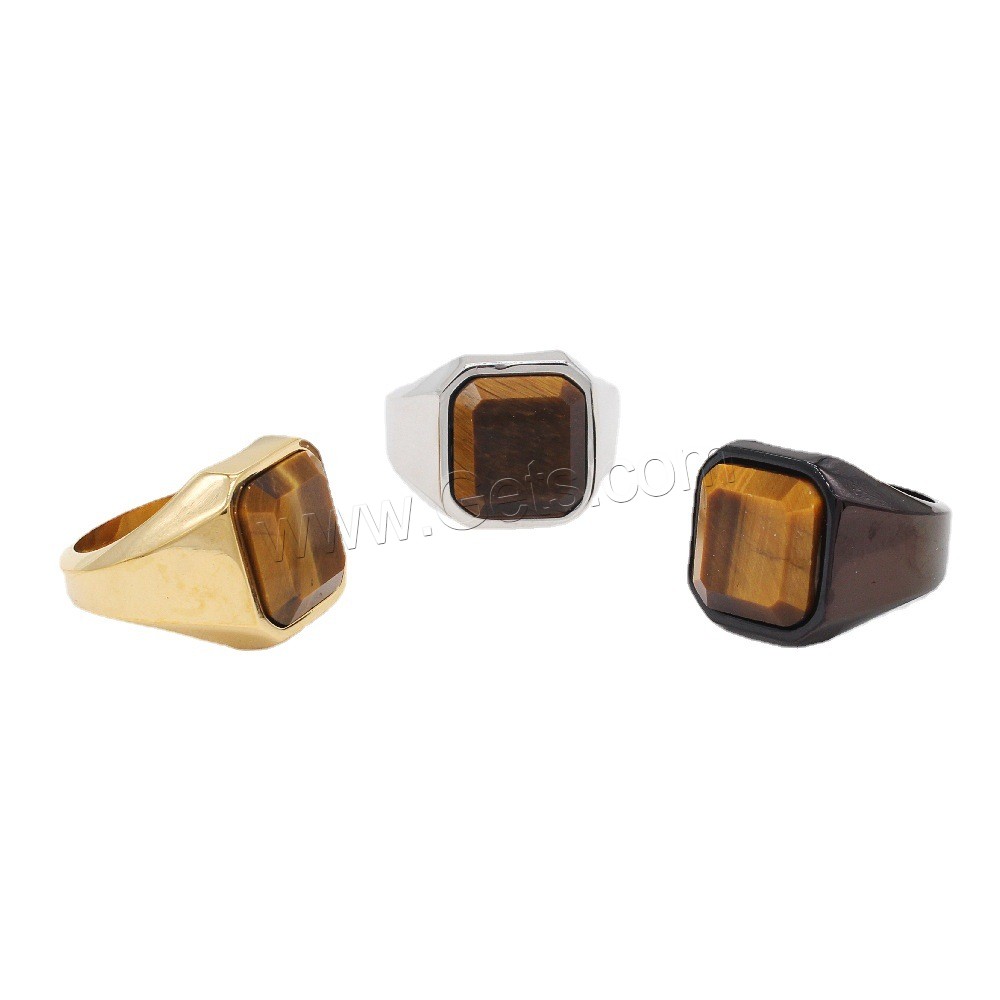 Gemstone Stainless Steel Finger Ring, 304 Stainless Steel, with Tiger Eye & Black Stone & Red Jasper, Square, Vacuum Ion Plating, different size for choice & for man, more colors for choice, US Ring Size:7-12, Sold By PC