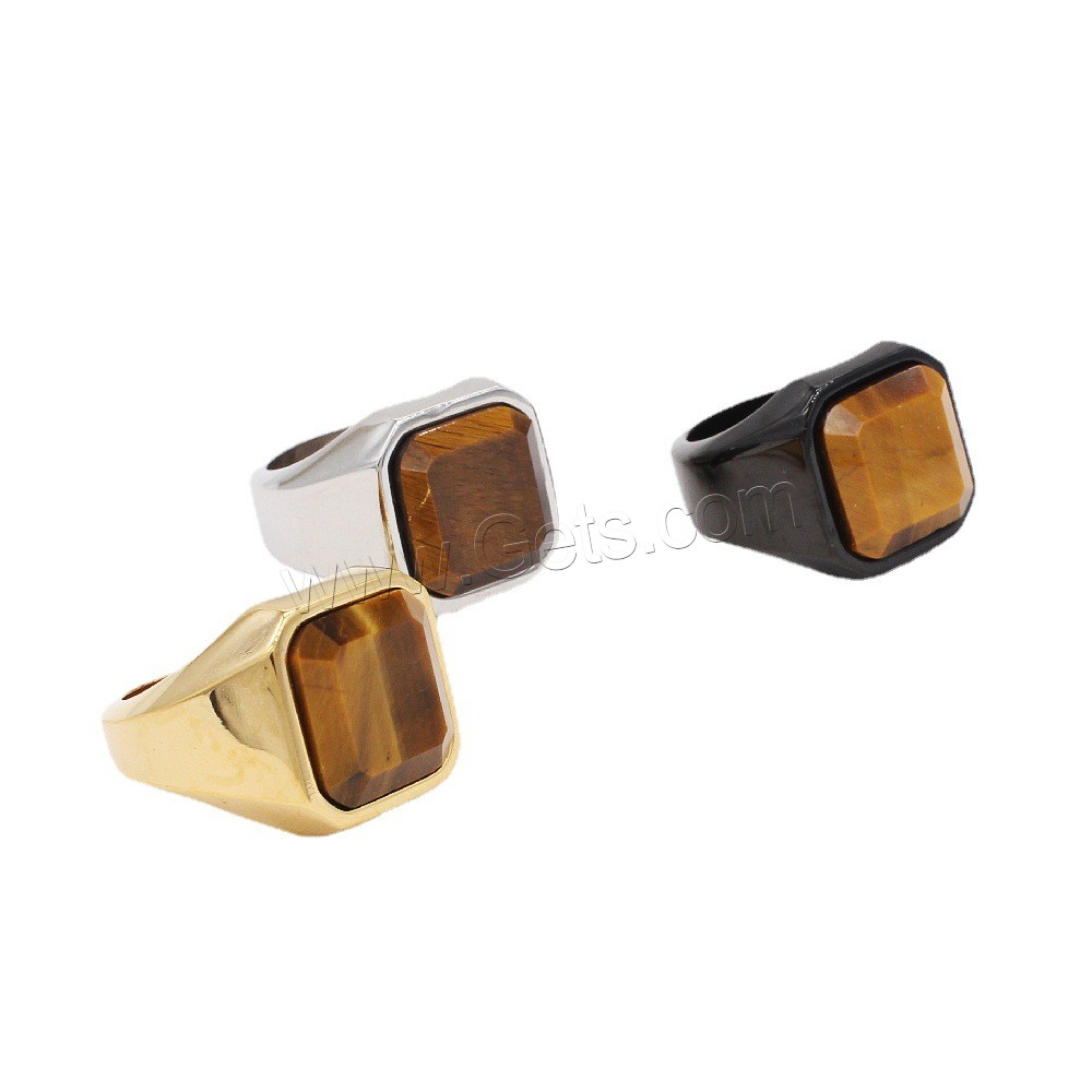 Gemstone Stainless Steel Finger Ring, 304 Stainless Steel, with Tiger Eye & Black Stone & Red Jasper, Square, Vacuum Ion Plating, different size for choice & for man, more colors for choice, US Ring Size:7-12, Sold By PC