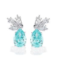 Cubic Zircon (CZ) Drop Earring, Brass, platinum color plated, micro pave cubic zirconia & for woman, light blue 