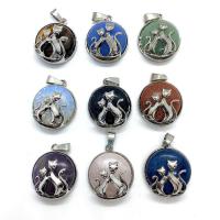 Gemstone Zinc Alloy Pendants, Natural Stone, with Zinc Alloy, Flat Round, silver color plated & Unisex 