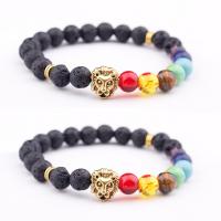 Gemstone Bracelets, Lava, with Gemstone & Zinc Alloy, Lion, gold color plated, elastic & Unisex, mixed colors, 8mm .5 Inch 