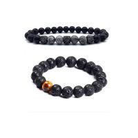 Gemstone Bracelets, Lava, with Map Stone & Tiger Eye & Brass, Round, silver color plated, elastic & Unisex & micro pave cubic zirconia, 8mm 