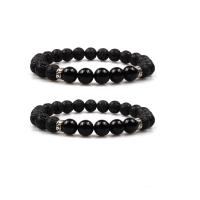 Lava Bead Bracelet, with Black Agate & Zinc Alloy, Round, silver color plated, elastic & Unisex, black, 8mm .5 Inch 