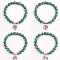 Malachite Bracelets, with Zinc Alloy, Round, silver color plated, elastic & Unisex, green, 8mm .5 Inch 