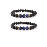 Gemstone Bracelets, Lava, with Lapis Lazuli & Zinc Alloy, Round, gold color plated, elastic & Unisex, mixed colors, 8mm .5 Inch 