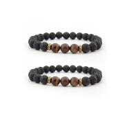 Gemstone Bracelets, Lava, with Tiger Eye & Zinc Alloy, Round, gold color plated, elastic & Unisex, mixed colors, 8mm .5 Inch 