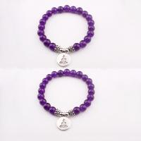 Amethyst Bracelet, with Zinc Alloy, Round, silver color plated, elastic & Unisex, purple, 8mm .5 Inch 