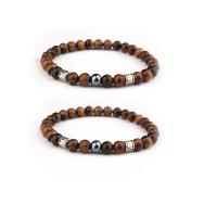 Gemstone Hematite Bracelets, Tiger Eye, with Non Magnetic Hematite & Zinc Alloy, Round, silver color plated, elastic & Unisex, mixed colors, 8mm .5 Inch 