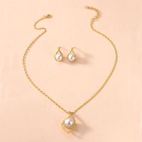 Rhinestone Zinc Alloy Jewelry Set, Stud Earring & necklace, with Plastic Pearl, with 1.97inch extender chain, 24K gold plated, 2 pieces & for woman & with rhinestone, golden, 13*20mm,34*20mm Approx 14.96 Inch 