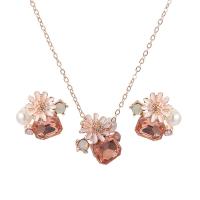 Rhinestone Zinc Alloy Jewelry Set, Stud Earring & necklace, with Plastic Pearl, rose gold color plated, 2 pieces & for woman & with rhinestone, rose gold color, 18*18mm Approx 15.75 Inch 