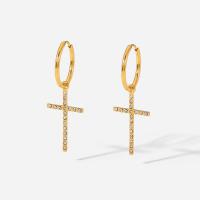 Huggie Hoop Drop Earring, Titanium Steel, Cross, Vacuum Ion Plating, fashion jewelry & micro pave cubic zirconia & for woman, golden 