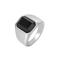 Stainless Steel Finger Ring, 304 Stainless Steel, with Glass, Square, Vacuum Ion Plating & for man 16mm, US Ring 