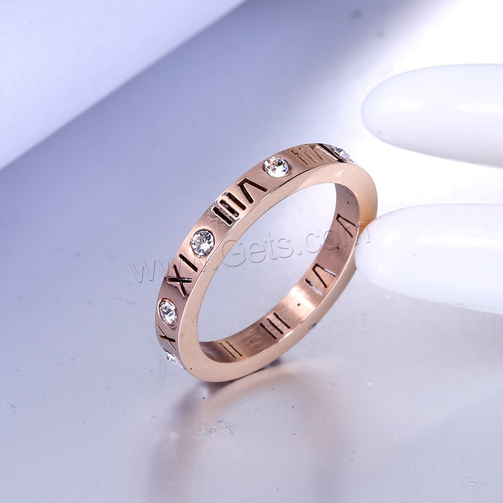 Rhinestone Stainless Steel Finger Ring, 304 Stainless Steel, Vacuum Ion Plating, with roman number & different size for choice & for woman & with rhinestone, more colors for choice, US Ring Size:6-12, Sold By PC