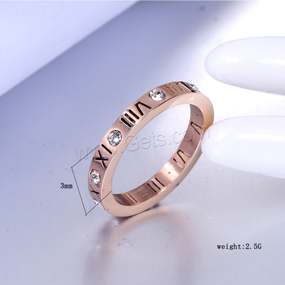 Rhinestone Stainless Steel Finger Ring, 304 Stainless Steel, Vacuum Ion Plating, with roman number & different size for choice & for woman & with rhinestone, more colors for choice, US Ring Size:6-12, Sold By PC