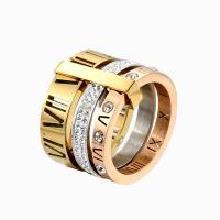 Rhinestone Stainless Steel Finger Ring, 304 Stainless Steel, Vacuum Ion Plating, with roman number & Unisex & with rhinestone US Ring 