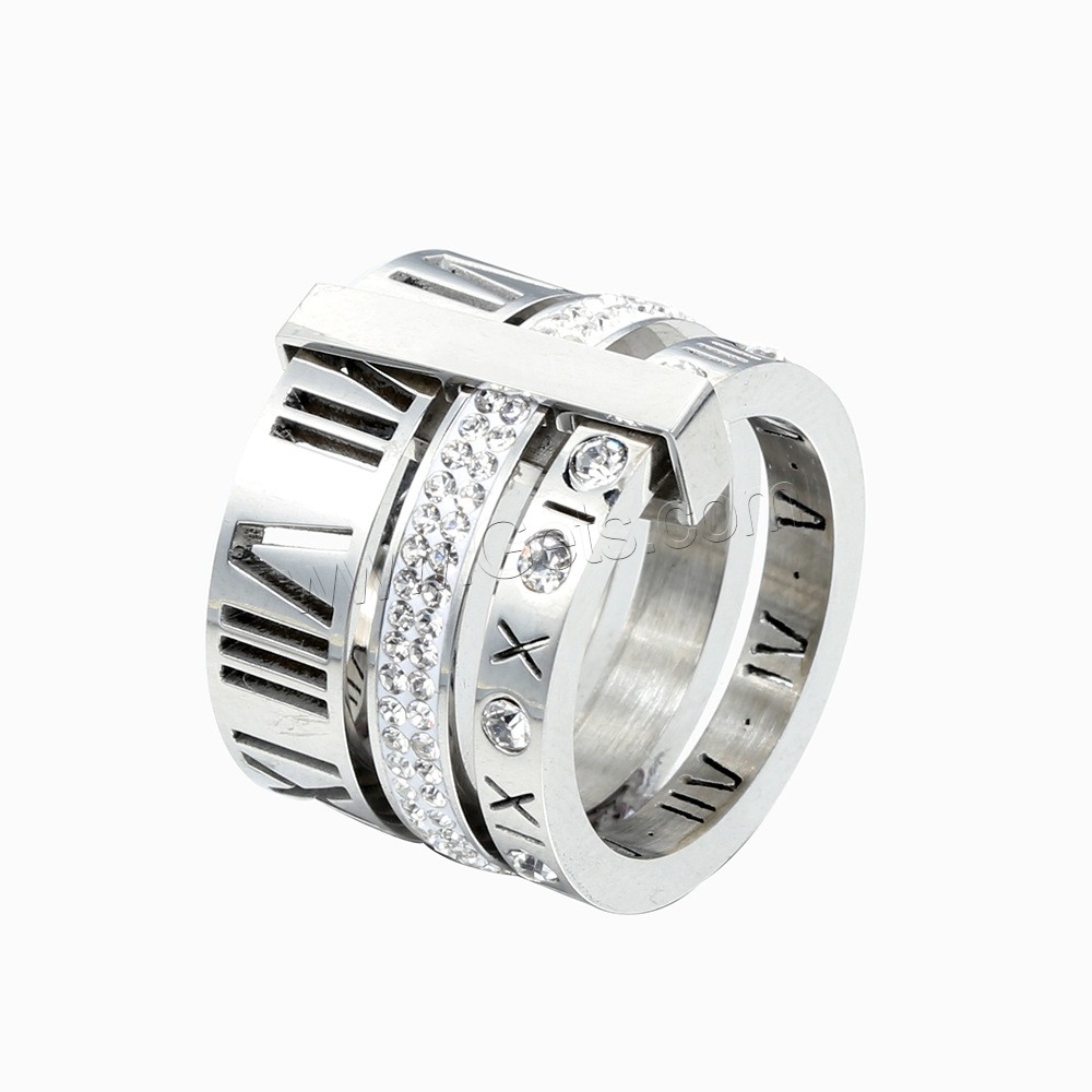 Rhinestone Stainless Steel Finger Ring, 304 Stainless Steel, Vacuum Ion Plating, with roman number & Unisex & different size for choice & with rhinestone, more colors for choice, US Ring Size:6-12, Sold By Set
