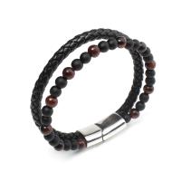 Tiger Eye Stone Bracelets, Titanium Steel, with Abrazine Stone & Cowhide & Tiger Eye, Double Layer & for man, black and red, 6mm Approx 8.26 Inch 