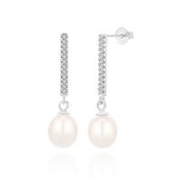 925 Sterling Silver Drop Earring, with Freshwater Pearl, platinum color plated, micro pave cubic zirconia & for woman 