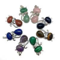 Gemstone Zinc Alloy Pendants, Natural Stone, with Zinc Alloy, Cat, silver color plated & Unisex 