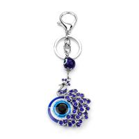 Evil Eye Key Chain, Iron, with Lampwork, Peacock, silver color plated, Unisex & with rhinestone, blue, 180mm 