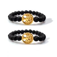 Lava Bead Bracelet, with Zinc Alloy, Lucky Tree, gold color plated, elastic & Unisex, black, 8mm .5 Inch 
