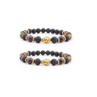 Gemstone Bracelets, Lava, with Tiger Eye & Zinc Alloy, Buddha, gold color plated, elastic & Unisex, mixed colors, 8mm .5 Inch 