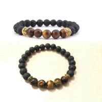 Gemstone Bracelets, Lava, with Tiger Eye & Zinc Alloy, Round, gold color plated, elastic & Unisex mixed colors, 8mm .5 Inch 