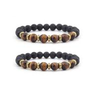 Gemstone Bracelets, Lava, with Tiger Eye & Zinc Alloy, Round, gold color plated, elastic & Unisex, mixed colors, 8mm .5 Inch 