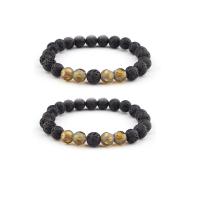 Gemstone Bracelets, Lava, with Smoky Quartz, Round, elastic & Unisex, black, 8mm .5 Inch 