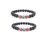 Gemstone Bracelets, Lava, with Synthetic Malachite & Zinc Alloy, Round, gold color plated, elastic & Unisex, black, 8mm .5 Inch 