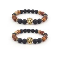 Gemstone Bracelets, Lava, with Picture Jasper & Zinc Alloy, Lion, gold color plated, elastic & Unisex, mixed colors, 8mm .5 Inch 